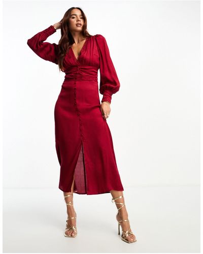 Miss Selfridge Satin Jacquard Button Through Lace Trim Midi Dress - Red