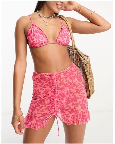 Miss Selfridge Beach Mesh Floral Ruched Front Frill Hem Swim Skirt - Pink