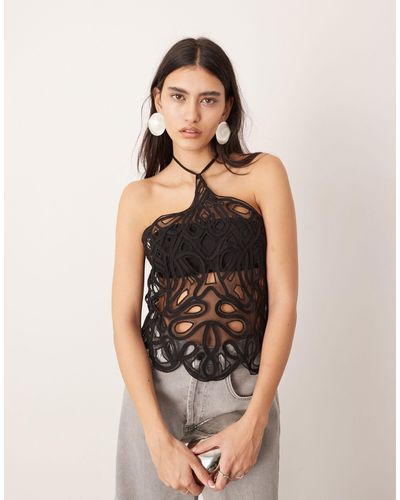 ASOS Embroidered Abstract Tape Work Halter Top With Cut Work - Black