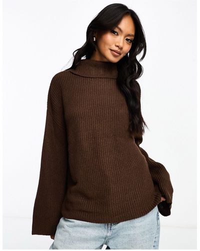 Vila Roll Neck Sweater With Side Splits - Brown