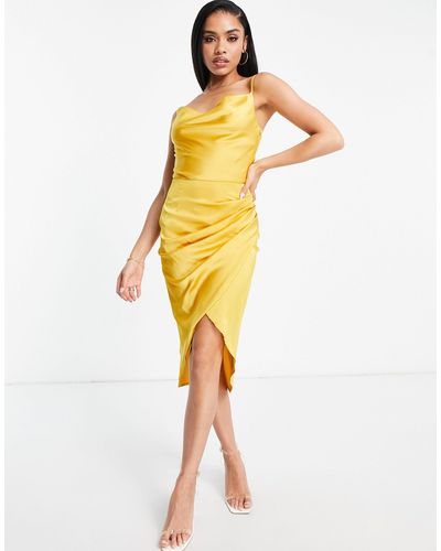 AX Paris Satin Cowl Front Pencil Dress With Asymmetric Skirt - Yellow
