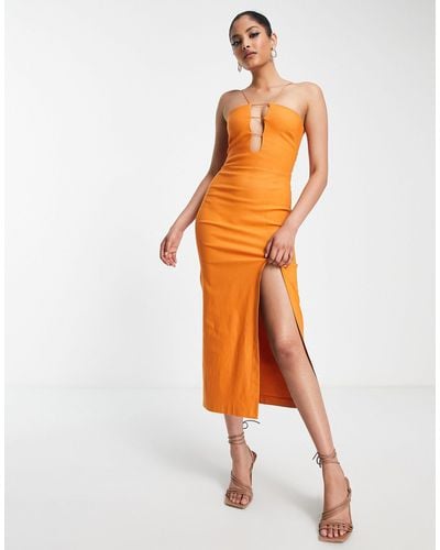 Vesper Strappy Plunge Front Midaxi Dress With Thigh Split - Orange