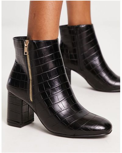 New Look Croc Effect Heeld Ankle Boots With Gold Zip Detail - Black