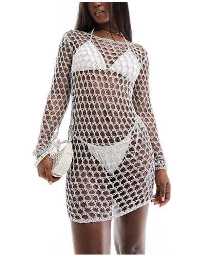 In The Style Metallic Crochet Long Sleeve Scoop Back Mini Beach Dress - White