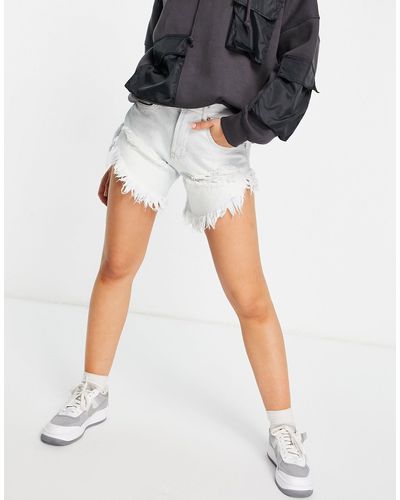 Glamorous High Waisted Denim Shorts With Distressing Detail - Blue