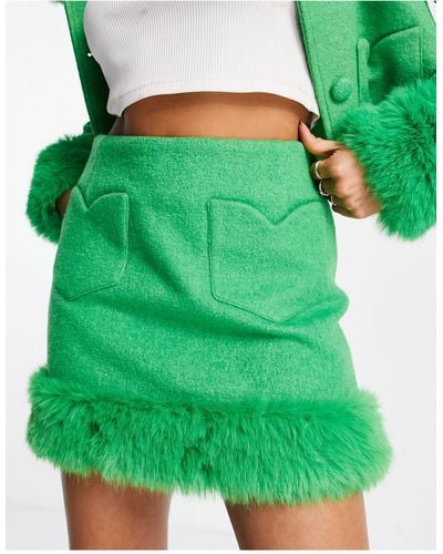 Miss Selfridge Heart Pocket Faux Fur Trim Mini Skirt - Green