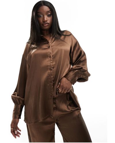 In The Style Long Sleeve Satin Shirt Co-ord - Brown