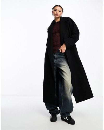 Weekday Kia Wool Blend Oversized Coat With Tie Waist Detail - Black