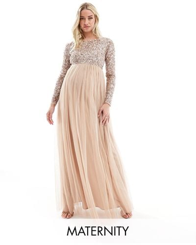Maya Maternity Bridesmaid Long Sleeve Maxi Tulle Dress With Tonal Delicate Sequins - Multicolour