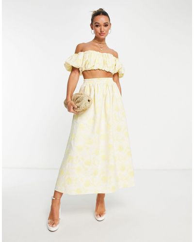 ASOS Midirok Van Jacquard Met Elastische Taille En Gele Bloemenprint - Geel