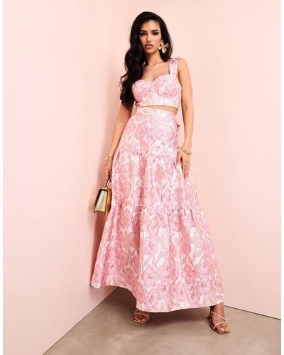 ASOS Co-ord Jacquard Tiered Maxi Skirt With Bow Back - Pink