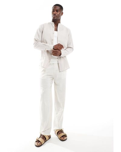 Jack & Jones Premium Linen Grandad Collar Shirt - White