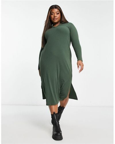 Yours Ribbed Collared Midi Dress - Green