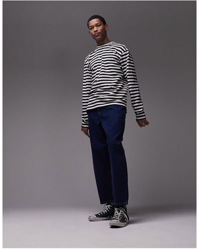 TOPMAN Long Sleeve Oversized Stripe T-shirt With Pocket - Black