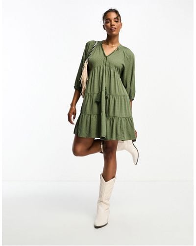 New Look Smock V Neck Mini Dress With Tassel Detail - Green