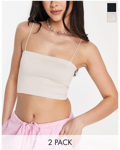 Pull&Bear 2 Pack Strappy Ribbed Tube Crop Top - White