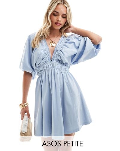 ASOS Asos Design Petite Plunge Elastic Tea Mini Dress With Ruched Waist - Blue