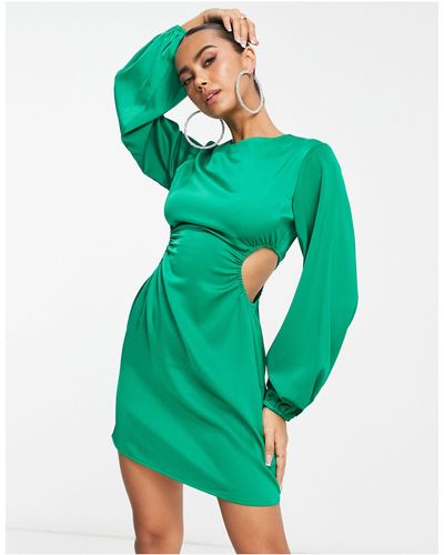 Lola May Satin Cut Out Side Mini Dress - Green
