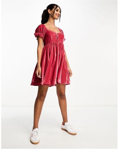 ASOS Velvet Prairie Mini Dress With Ribbon Trim - Red