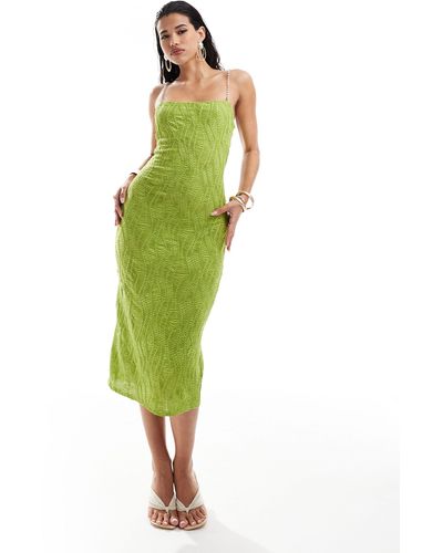 ASOS Textured Cami Midi Dress With Pearl Trim Straps - Green