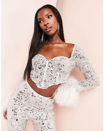 ASOS Sweetheart Neck Faux Feather Trim Sleeve Sequin Crop Top - Natural