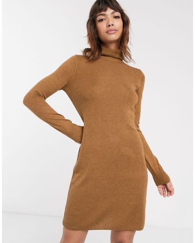 Warehouse Mini Dress With Roll Neck - Brown
