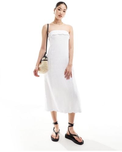 Abercrombie & Fitch Linen Midi Strapless Dress With Scallop Edge - White