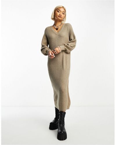 Object Knitted V Neck Midi Jumper Dress With Balloon Sleeves - White