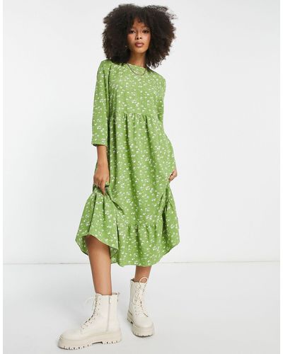 Glamorous Long Sleeve Maxi Smock Dress - Green