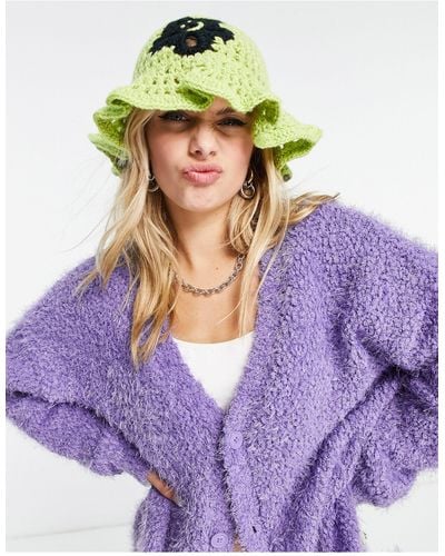 Collusion Crochet Bucket Hat With Flower Design - Purple
