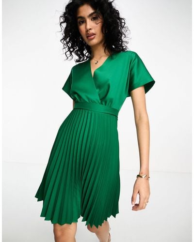 Closet Wrap Front Pleated Midi Skater Dress - Green