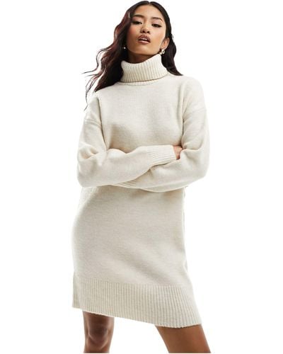 New Look Roll Neck Knitted Mini Dress - Natural