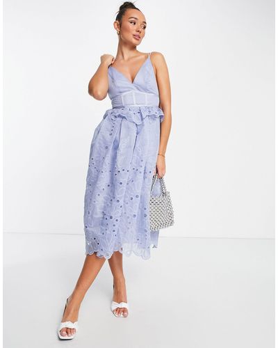 ASOS Strappy Midi Dress With Floral Broderie And Lace Insert Detail - Blue