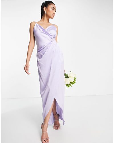 Liquorish Bridesmaid Cami Strap Satin Wrap Maxi Dress - Blue