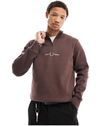 Fred Perry Embroidered Half Zip Sweatshirt - Brown