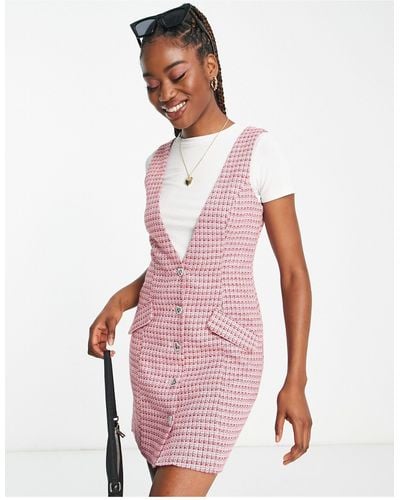 Miss Selfridge Boucle Pinny Dress With Diamante Heart Buttons - Pink
