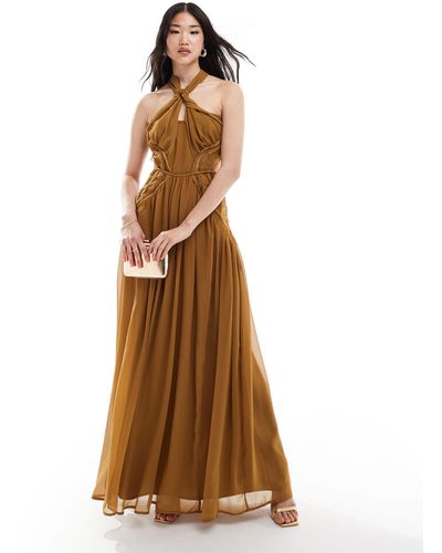 ASOS Halter Ruched Maxi Dress With Lace Insert And Cut Out - Brown