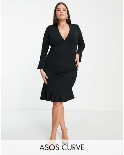 ASOS Asos design curve - robe mi-longue moulante avec col en v profond et extrémités évasées - Noir