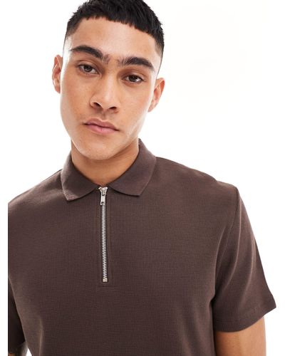 ASOS Waffle Polo With Zip - Brown