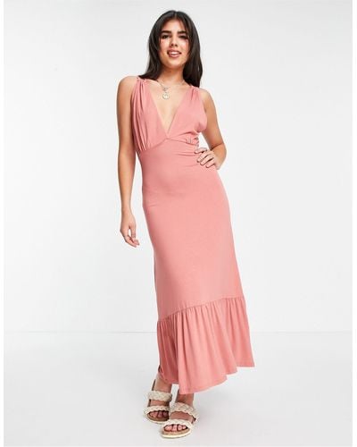 Pieces Plunge Neck Tiered Maxi Dress - Pink