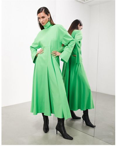 ASOS High Neck Long Sleeve Ruched Back Detail Dress - Green
