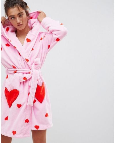 ASOS Heart Print Supersoft Robe - Pink