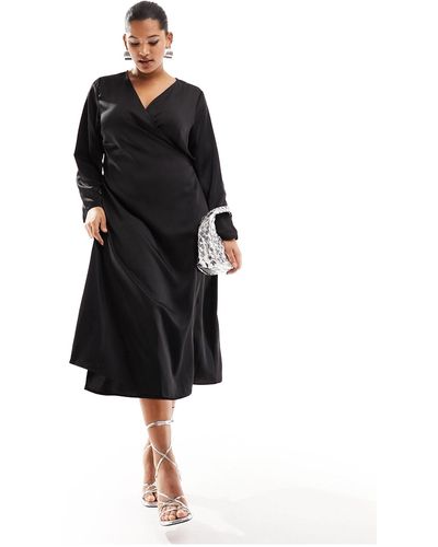 ONLY Satin Wrap Midi Dress - Black