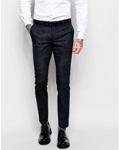 Noose And Monkey Tuxedo Suit Pants With Tonal Paisley Print In Super Skinny Fit - Blue