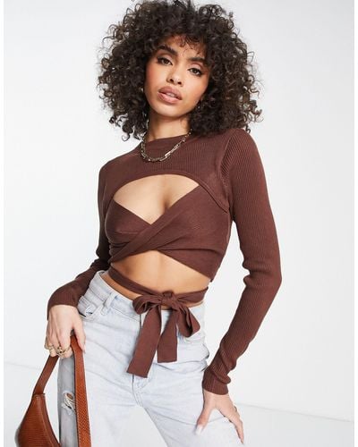 Missguided Co-ord Ribbed Twist Front Crop Top - Brown