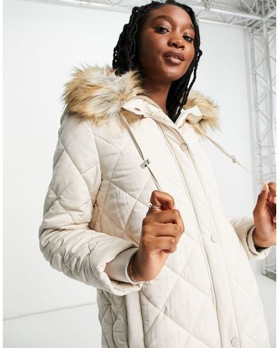 Forever New Diamond Quilted Puffer Coat With Faux Fur Hood Trim - Multicolor