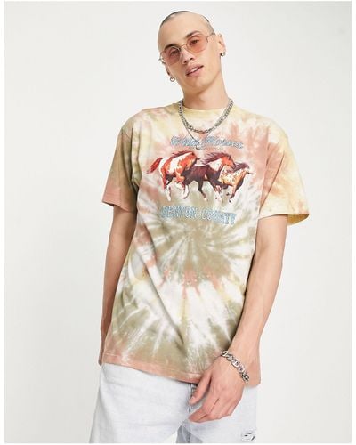 Reclaimed (vintage) Inspired Tie Dye T-shirt With Wild Horses Print - Yellow