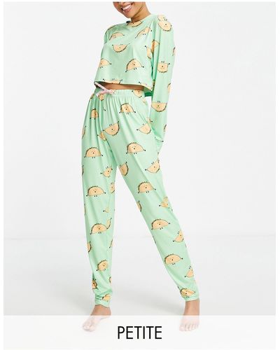 Loungeable Petite - Pyjamaset Van Crop Top En legging Met Tacoprint - Groen