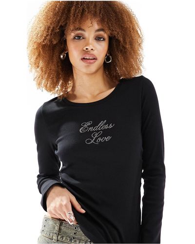 Monki Long Sleeve Fitted Top With Endless Love Crystal Placement - Black