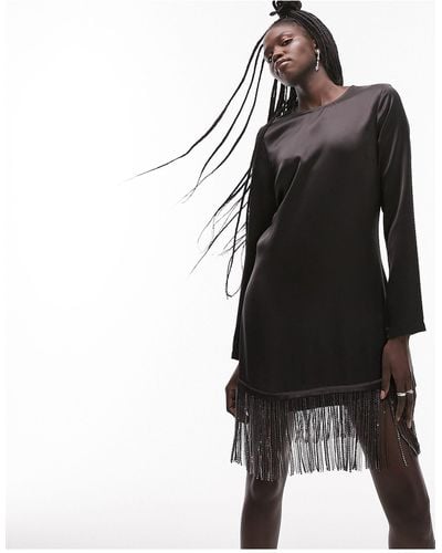 TOPSHOP Long Sleeve Midi Dress With Diamante Tassel - Black
